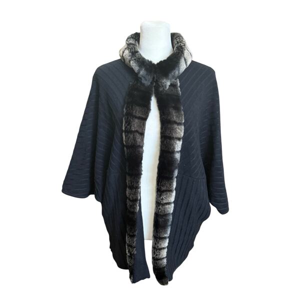 Ming Wang Open Knit Cardigan Women Large Black Faux Fur Trim Dolman Sleeves - Picture 1 of 11